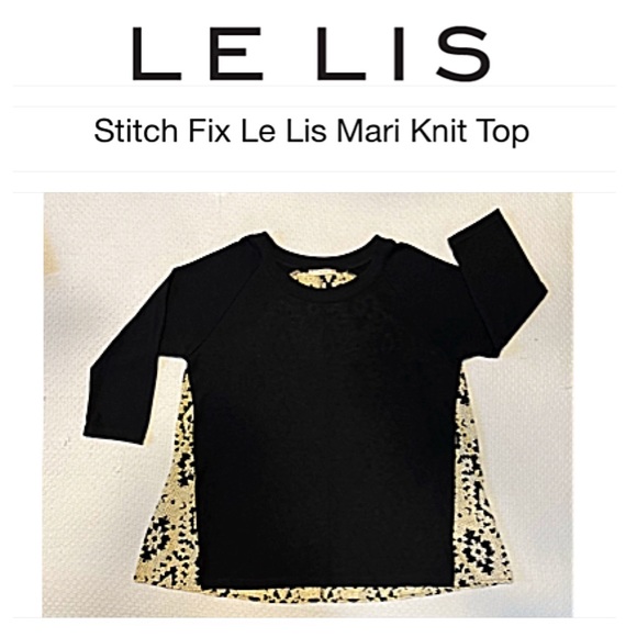 STITCH FIX LE LIS Mari M Black Pattern Mix Material 3/4 Sleeve Knit High-Low Top - Picture 2 of 11